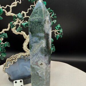 Natural Moss Agate Crystal Tower Large 6" Green Druzy Point Grounding  4